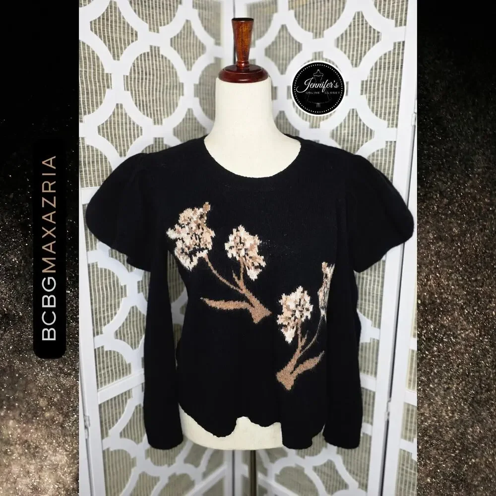 BCBGMaxAzria Black Iris Wool Blend Floral Puff Long Sleeves Sweater Size L